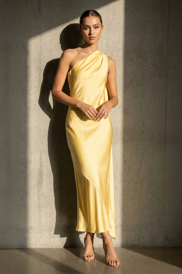 One Shoulder Draped Maxi Dress in Yellow - SHE IS ME