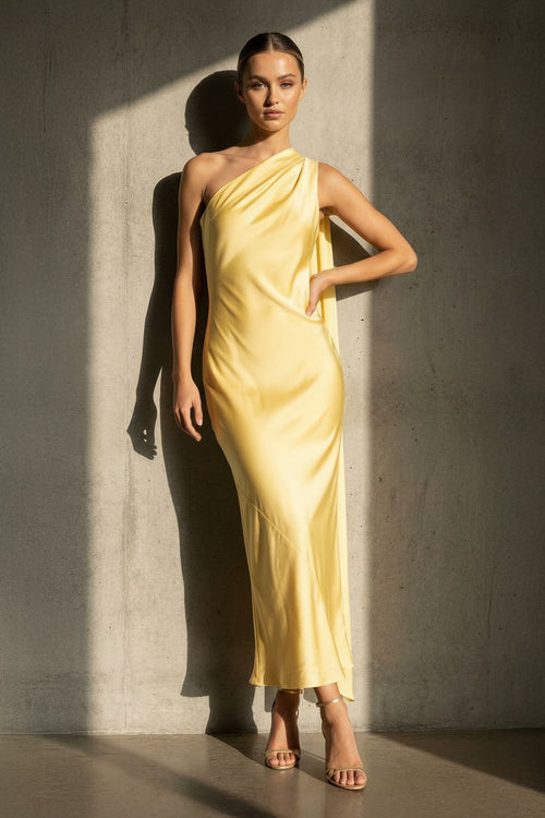 One Shoulder Draped Maxi Dress in Yellow - SHE IS ME