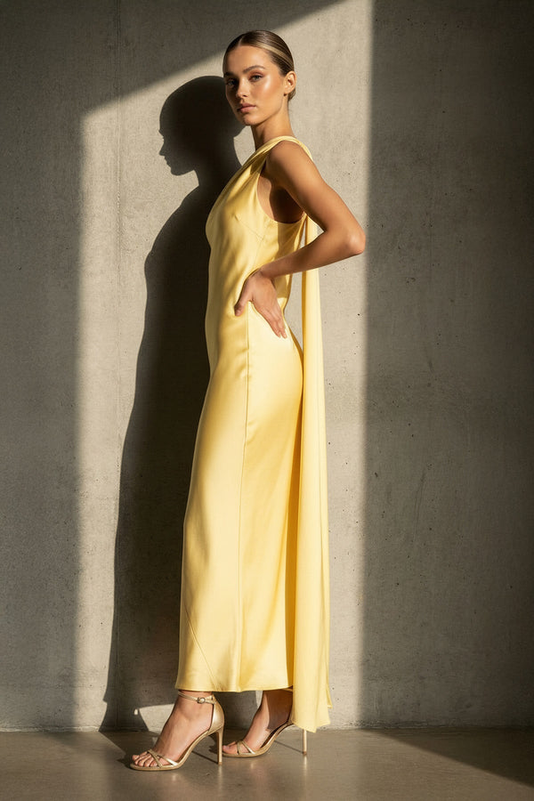 One Shoulder Draped Maxi Dress in Yellow - SHE IS ME