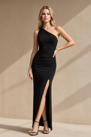 One Shoulder Maxi Dress With Slit in Black - SHE IS ME PROM DRESSES