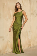 One Shoulder Maxi Dress With Slit in Olive - SHE IS ME