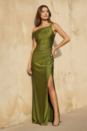 One Shoulder Maxi Dress With Slit in Olive - SHE IS ME