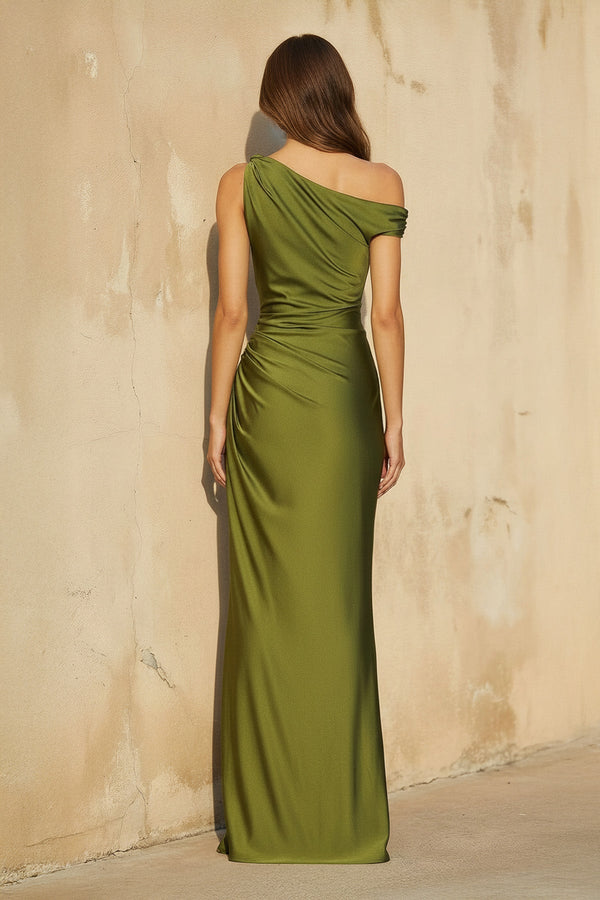 One Shoulder Maxi Dress With Slit in Olive - SHE IS ME