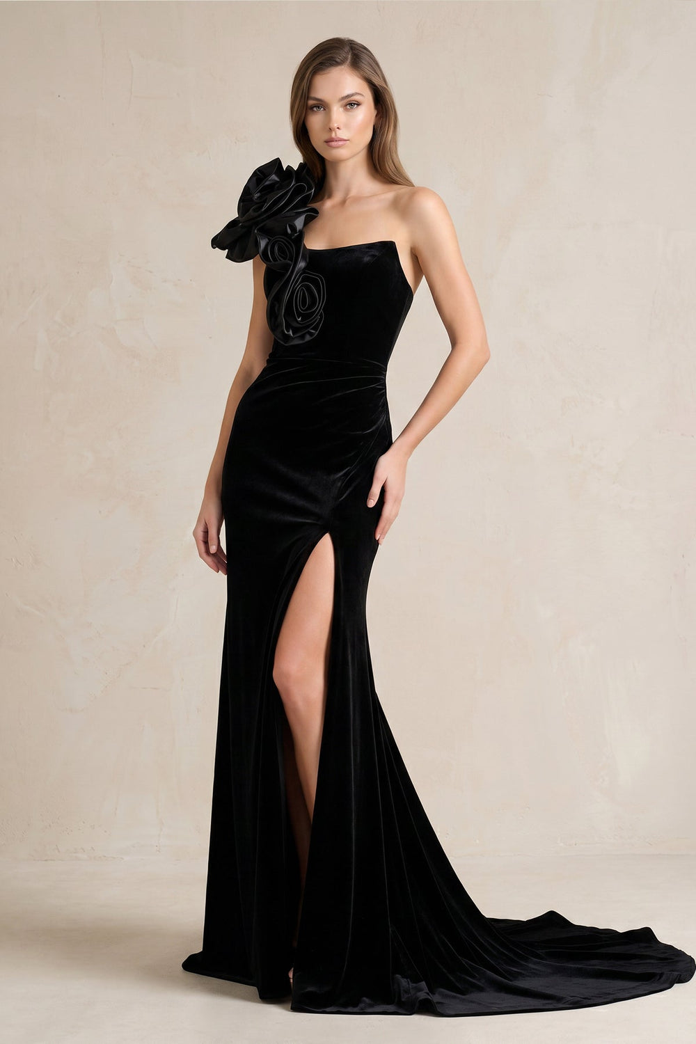 One - Shoulder Mermaid Satin Wedding Dress with Slit in Black - SHE IS ME Wedding Dresses