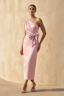 One Shoulder Midi Dress With Bow in Pink - SHE IS ME