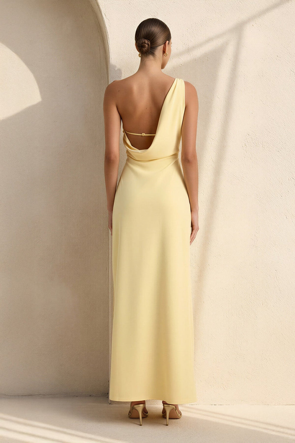 One Shoulder Midi Dress with Slit in Yellow - SHE IS ME
