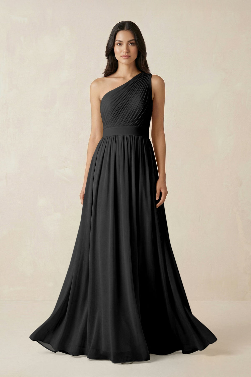 One - Shoulder Pleated Chiffon Bridesmaid Gown in Black - SHE IS ME Bridesmaid Dresses