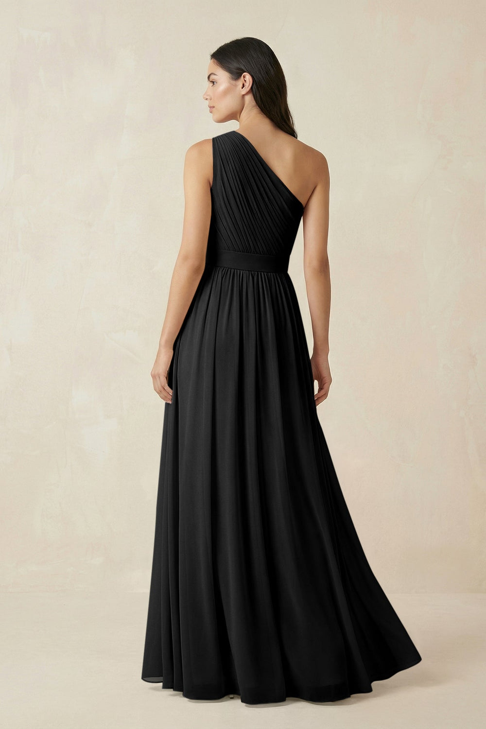 One - Shoulder Pleated Chiffon Bridesmaid Gown in Black - SHE IS ME Bridesmaid Dresses