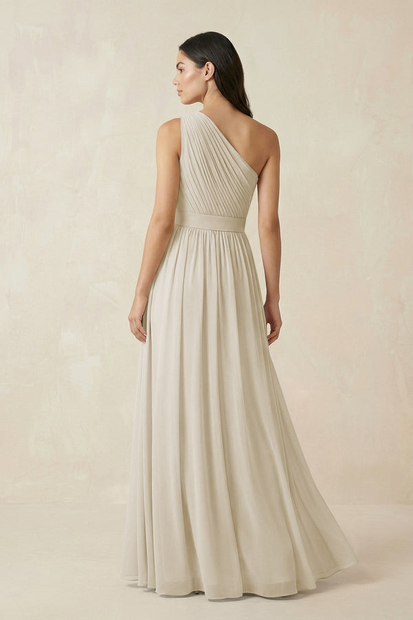 One - Shoulder Pleated Chiffon Bridesmaid Gown in Dove Gray - SHE IS ME Bridesmaid Dresses