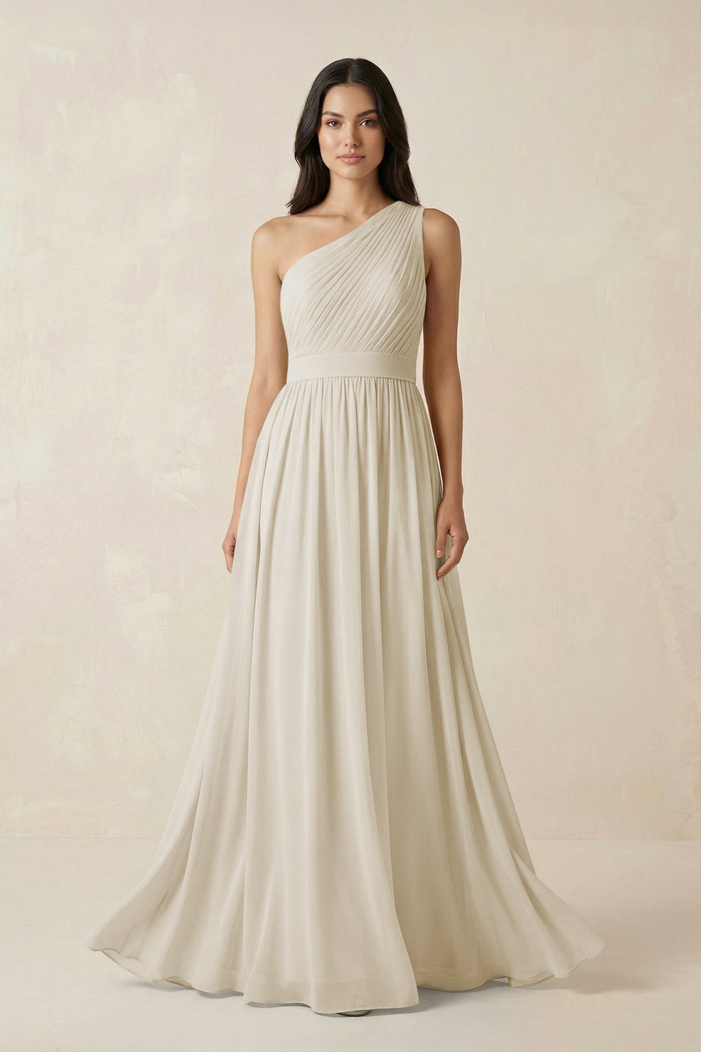 One - Shoulder Pleated Chiffon Bridesmaid Gown in Dove Gray - SHE IS ME Bridesmaid Dresses
