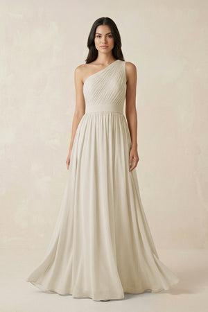 One - Shoulder Pleated Chiffon Bridesmaid Gown in Dove Gray - SHE IS ME Bridesmaid Dresses