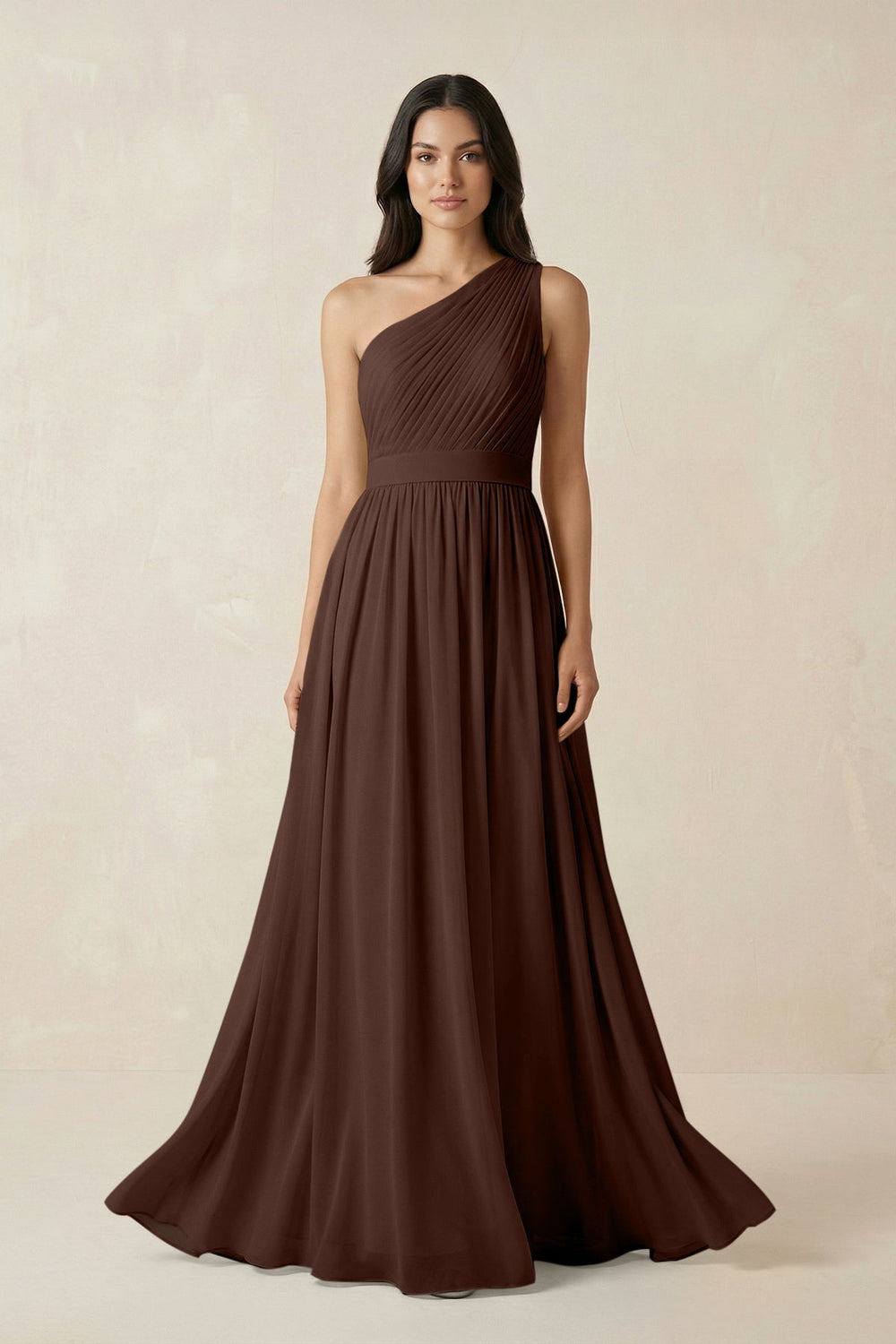 One - Shoulder Pleated Chiffon Bridesmaid Gown in Espresso - SHE IS ME Bridesmaid Dresses