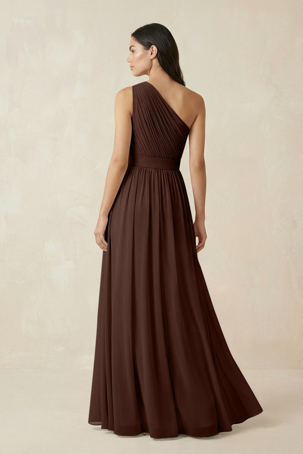 One - Shoulder Pleated Chiffon Bridesmaid Gown in Espresso - SHE IS ME Bridesmaid Dresses