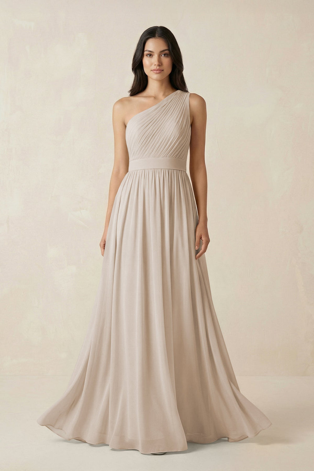 One - Shoulder Pleated Chiffon Bridesmaid Gown in Frost - SHE IS ME Bridesmaid Dresses