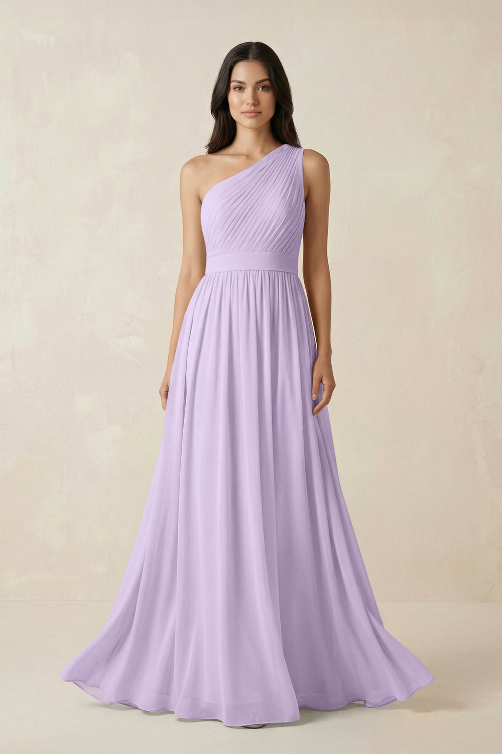 One - Shoulder Pleated Chiffon Bridesmaid Gown in Lavender - SHE IS ME Bridesmaid Dresses