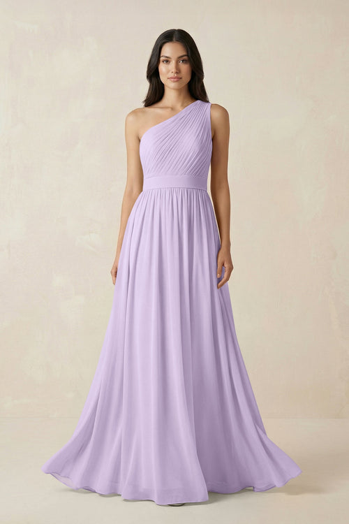 One - Shoulder Pleated Chiffon Bridesmaid Gown in Lavender - SHE IS ME Bridesmaid Dresses