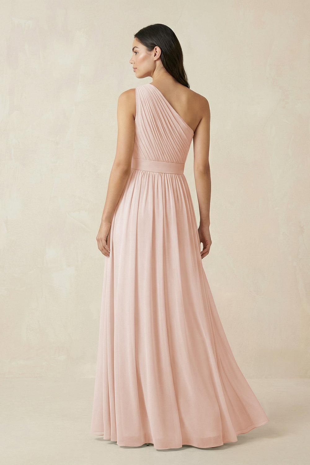 One-Shoulder Pleated Chiffon Bridesmaid Gown in Pale Blush