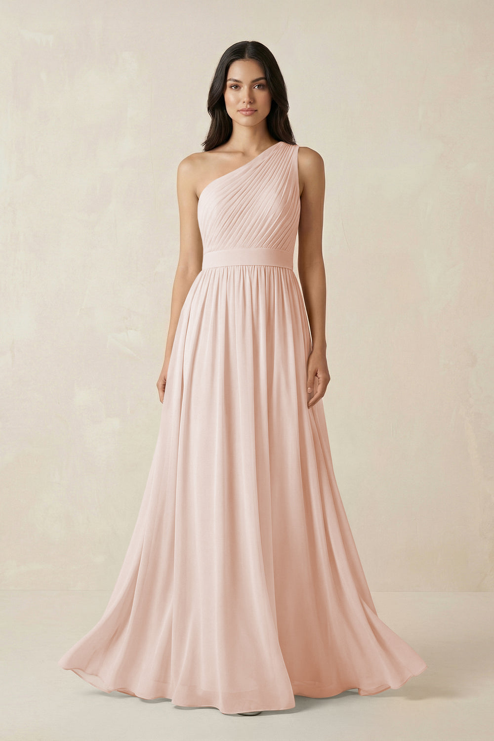 One-Shoulder Pleated Chiffon Bridesmaid Gown in Pale Blush