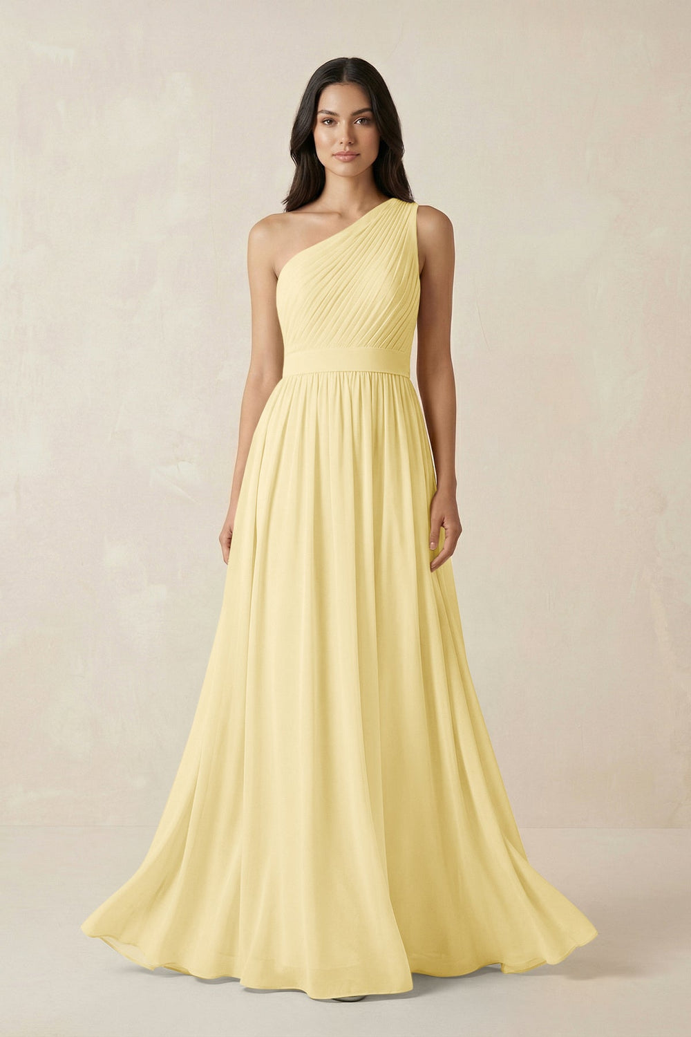 One - Shoulder Pleated Chiffon Bridesmaid Gown in Pastel Yellow - SHE IS ME Bridesmaid Dresses