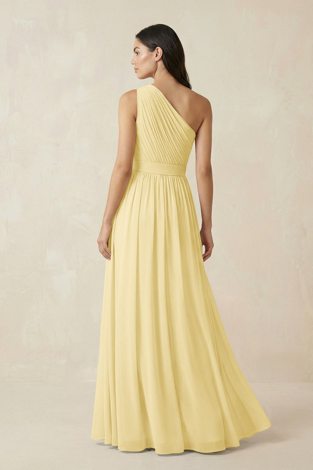 One - Shoulder Pleated Chiffon Bridesmaid Gown in Pastel Yellow - SHE IS ME Bridesmaid Dresses