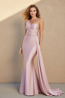 One Shoulder Pleated Maxi Dress With Side Train in Pink - SHE IS ME