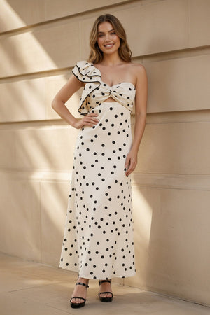 One Shoulder Polka Dot Midi Dress in Champagne - SHE IS ME