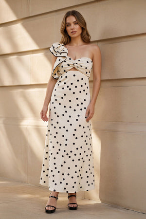 One Shoulder Polka Dot Midi Dress in Champagne - SHE IS ME