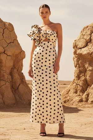 Sheisme-Champagne Satin One-Shoulder Ruffled Cutout Sheath Midi Evening Formal Dress