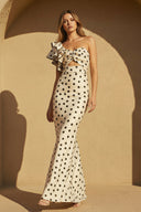 One Shoulder Polka Dot Ruffled Gown in Ivory - SHE IS ME PROM DRESSES