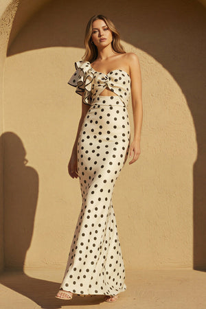 One Shoulder Polka Dot Ruffled Gown in Ivory - SHE IS ME PROM DRESSES