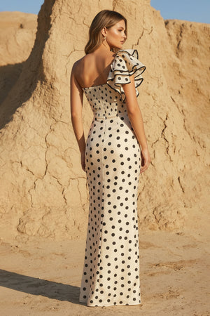 Sheisme-Ivory Satin One-Shoulder Ruffled Cutout Sheath Maxi Evening Formal Dress