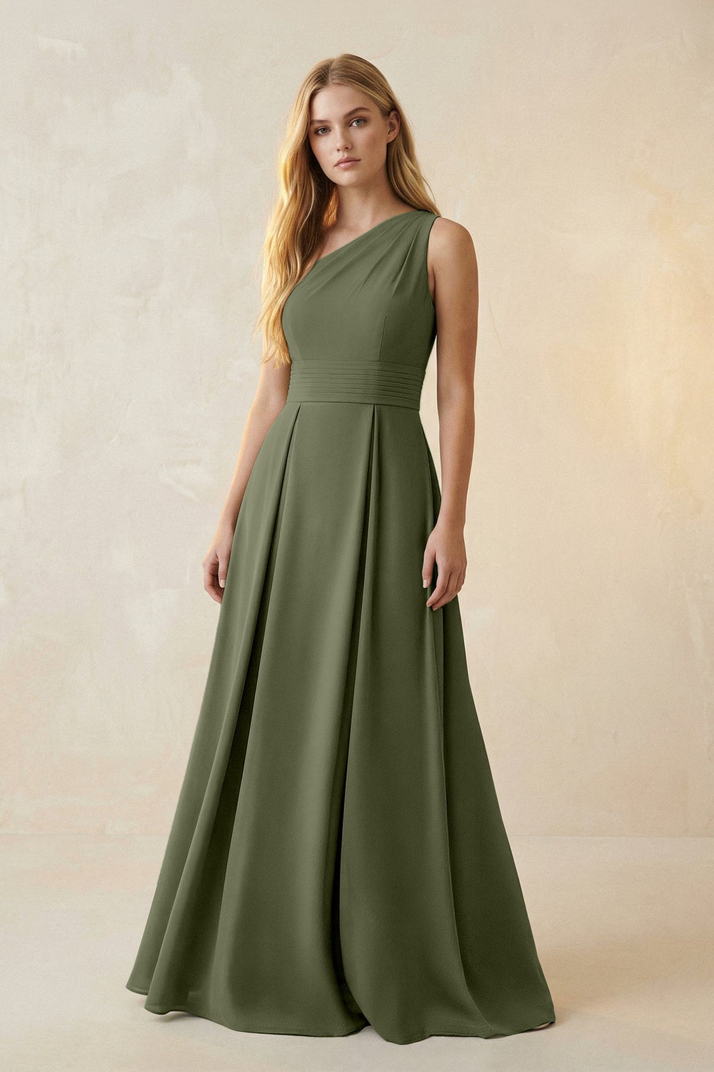 One - Shoulder Ruched A - Line Satin Bridesmaid Dress in Willow Green - SHE IS ME Bridesmaid Dresses