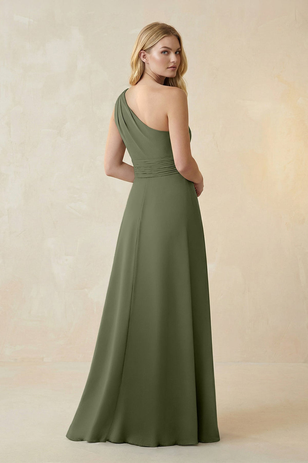 One - Shoulder Ruched A - Line Satin Bridesmaid Dress in Willow Green - SHE IS ME Bridesmaid Dresses