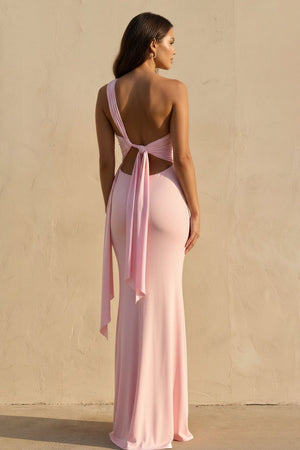One Shoulder Ruched Cutout Back Gown in Pink - SHE IS ME