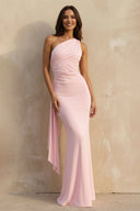 One Shoulder Ruched Cutout Back Gown in Pink - SHE IS ME