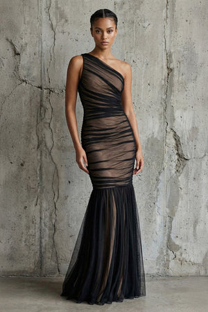 One Shoulder Ruched Mermaid Maxi Dress in Black - SHE IS ME PROM DRESSES