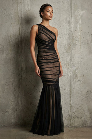 One Shoulder Ruched Mermaid Maxi Dress in Black - SHE IS ME PROM DRESSES