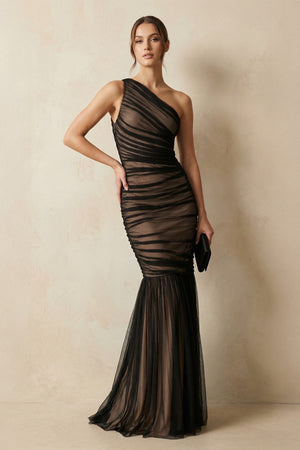 One Shoulder Ruched Mermaid Maxi Dress in Black - SHE IS ME