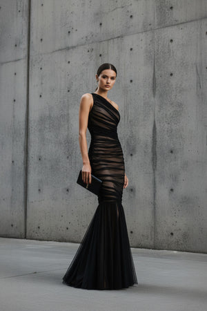 Sheisme-Black One-Shoulder Tulle Mermaid Maxi Evening Formal Dress