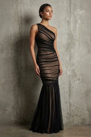 Sheisme-Black One-Shoulder Tulle Mermaid Maxi Evening Formal Dress