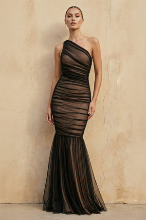 Sheisme-Black One-Shoulder Tulle Mermaid Maxi Evening Formal Dress