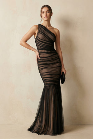 Sheisme-Black One-Shoulder Tulle Mermaid Maxi Evening Formal Dress