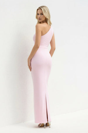 One Shoulder Ruched Sheath Maxi Dress in Blush - SHE IS ME PROM DRESSES