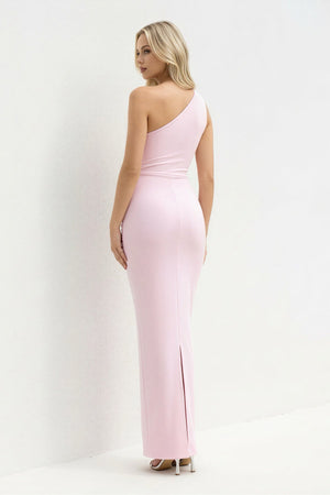 One Shoulder Ruched Sheath Maxi Dress in Blush - SHE IS ME PROM DRESSES