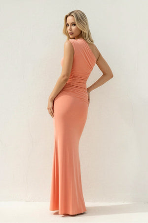 One Shoulder Ruched Sheath Maxi Dress in Coral Pink - SHE IS ME PROM DRESSES