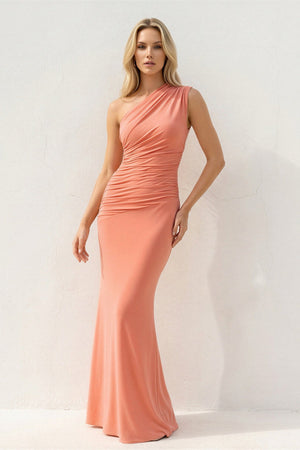 One Shoulder Ruched Sheath Maxi Dress in Coral Pink - SHE IS ME PROM DRESSES