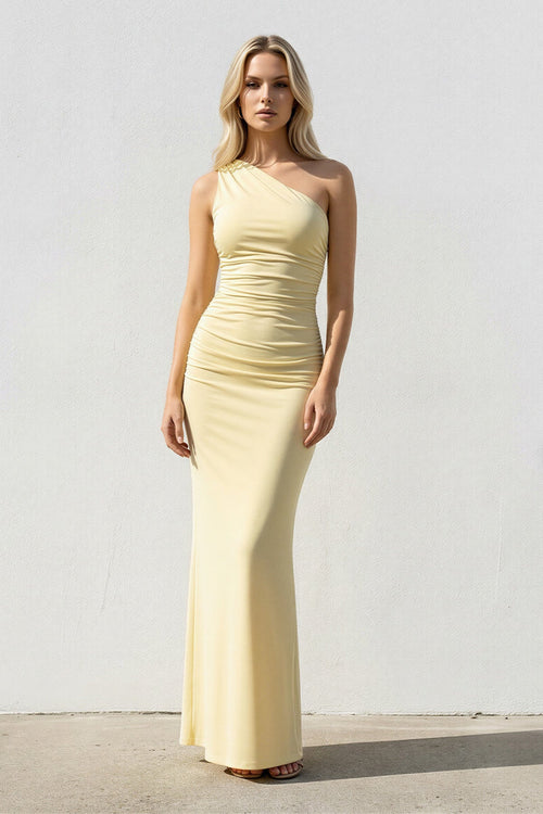 One Shoulder Ruched Sheath Maxi Dress in Yellow - SHE IS ME PROM DRESSES