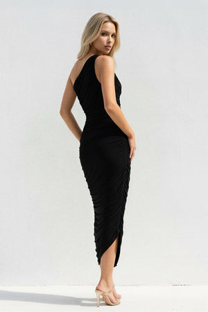 One Shoulder Ruched Sheath Midi Dress in Black - SHE IS ME