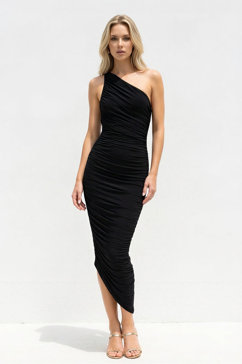 One Shoulder Ruched Sheath Midi Dress in Black - SHE IS ME