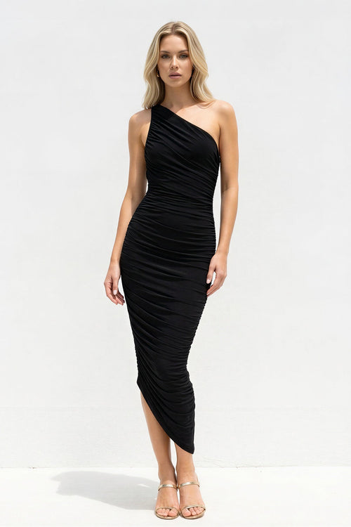 One Shoulder Ruched Sheath Midi Dress in Black - SHE IS ME